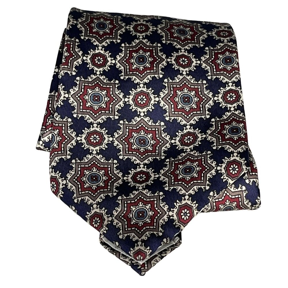 Oscar De La Renta Couture 100% Silk Red Blue Brown & White Geometric Men's Tie - Picture 8 of 10